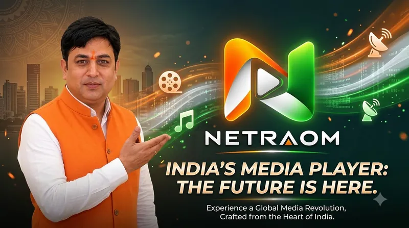 Netraom banner: the Netraom logo in saffron, white and green, with the words “India’s media player: the future is here. Experience a global media revolution, crafted from the heart of India.”
